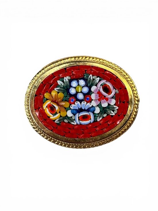 Unsigned Jewelry - Floral Mosaic Oval Brooch Glass Tile Inlay Gold Tone 1960s Vintage